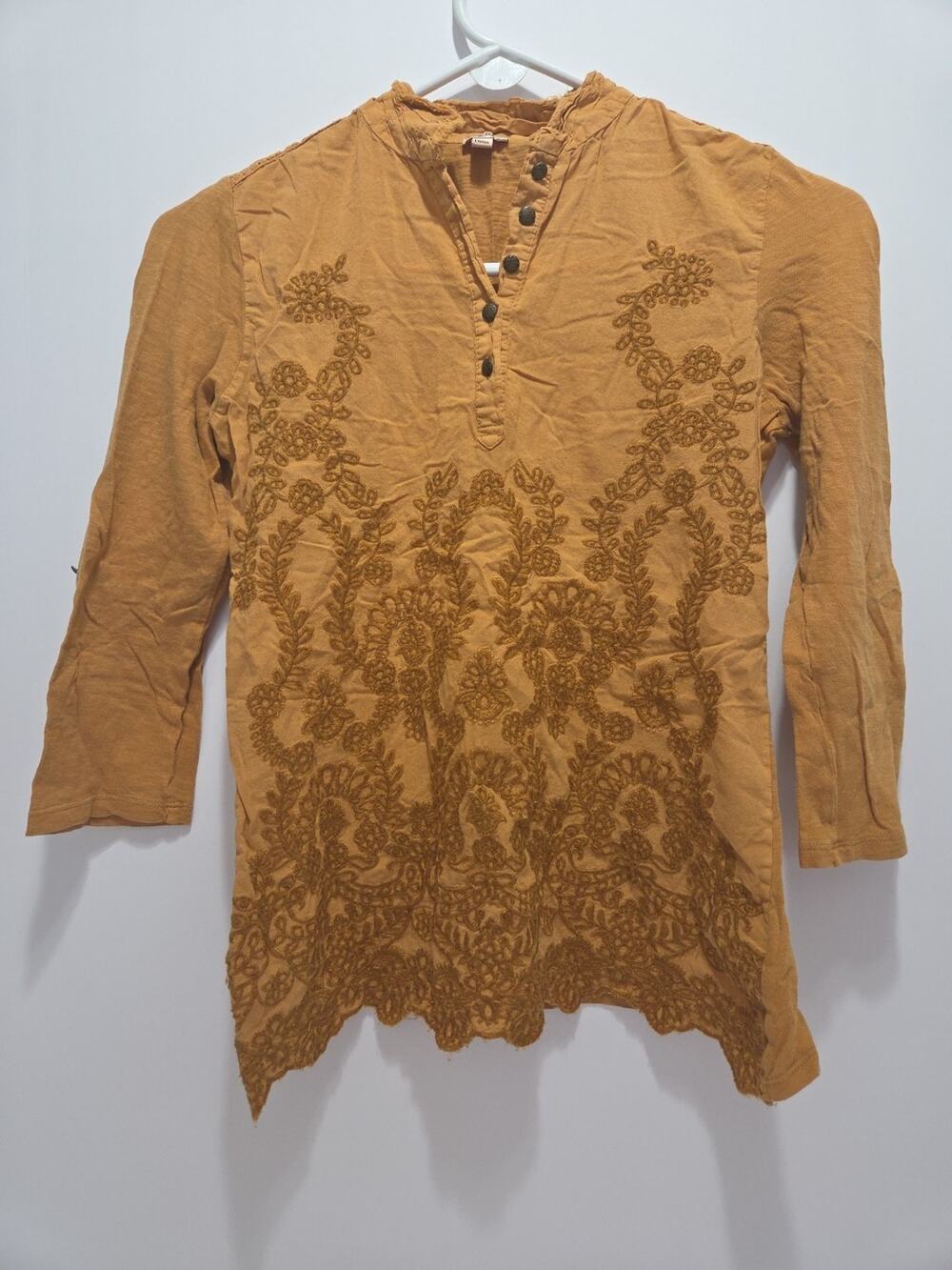 Reba Womens Tunic Top Large Yellow Embroidered Lace Hem Boho Peasant Shirt